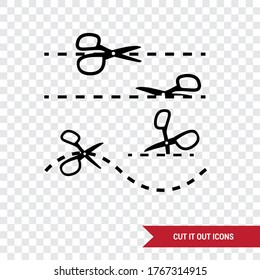 Image of scissors cutting. Cut it out icons. Transparent background.