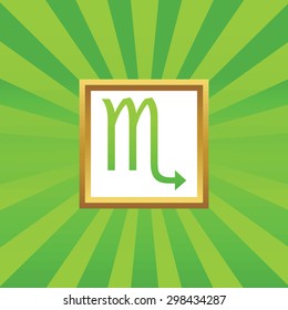 Image of Scorpio zodiac symbol in golden frame, on green abstract background