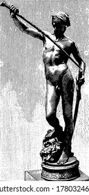 It is an image of Sculpture of David wielding a sword, one sculpture is shown with a sword holding in hand in downward direction, vintage line drawing or engraving, vintage illustration.