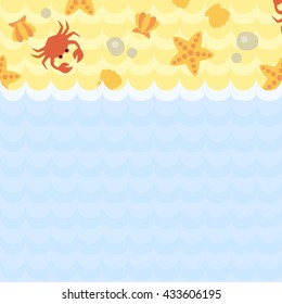 Image of sea shells, crab, rocks and starfish on the beach and sea waves. Art  summer background with place for your message.  Vector illustration.