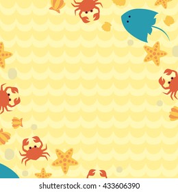 Image of sea shells, crabs, rocks cramp and starfish on seabed. Art  summer background with place for your message.  Vector illustration.