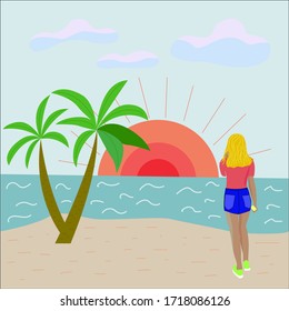 Imagen del mar, puesta de sol, palmeras y muchacha en la orilla. Estilo plano, gráficos vectoriales, para recreación y turismo.