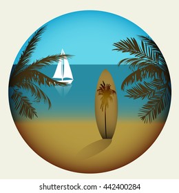 the image of the sea with the yacht and the beach with palm trees and surfboard