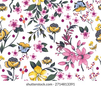 A imagem é um design de padrão floral sem costura, normalmente usado para têxteis, papel de embrulho ou fundos digitais. 