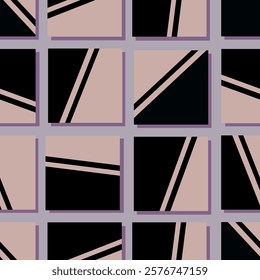 The image is a seamless grid of tiles. Each tile has its own color - black, pink and light pink.  A diagonal line runs through the tiles to form a pattern. The background is light purple. 