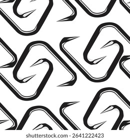 The image is a seamless pattern of black and white stylized shapes resembling intertwined or interlocking hooks, possibly fishing hooks or abstract S-shapes with pointed ends