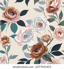 The image is a seamless pattern with a variety of colorful flowers and leaves. The background is a light pink color with a subtle texture. The flowers are in different shades of pink, orange, and blue