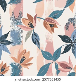 The image is a seamless pattern with a variety of colorful flowers and leaves. The background is a light pink color with a subtle texture. The flowers are in different shades of pink, orange, and blue