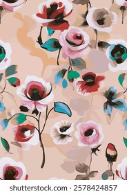 The image is a seamless pattern with a variety of colorful flowers and leaves. The background is a light pink color with a subtle texture. The flowers are in different shades of pink, orange, and blue