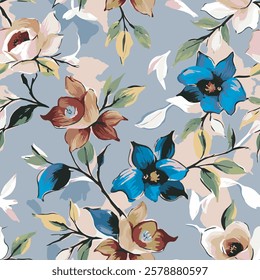 The image is a seamless pattern with a variety of colorful flowers and leaves. The background is a light pink color with a subtle texture. The flowers are in different shades of pink, orange, and blue