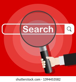 Image of the search concept. The river holds a magnifying glass, increasing the glass. Searching system. Vector illustration