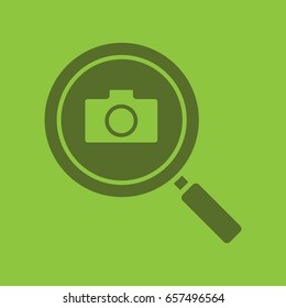 Image search glyph color icon. Silhouette symbol. Magnifying glass with photocamera. Negative space. Vector isolated illustration