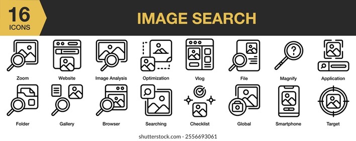 Image Search icon set. Includes blog, file, magnify, application, checklist, global, target, optimization, analysis, smartphone, and More. Outline icons vector collection.