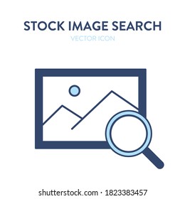 Icono de búsqueda de imágenes. Ilustración vectorial del símbolo fotográfico con herramienta de ampliación. Representa el concepto de venta de fotos, ilustraciones e imágenes, imágenes de stock, búsqueda y búsqueda de elementos de diseño visual
