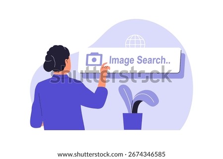 Image Search and Visual Content Discovery. A Woman Using an Image Search Engine on a Website, Highlighting Visual SEO Strategies and Modern Search Technology. Flat Vector Illustration.