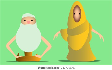 An image of a seated old man and a person in yellow clothes.