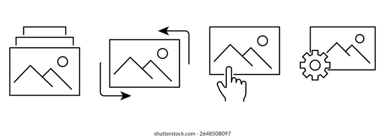 Image select rotate change settings icons in editable stroke line style for photo gallery interface vector illustration editable outline set.