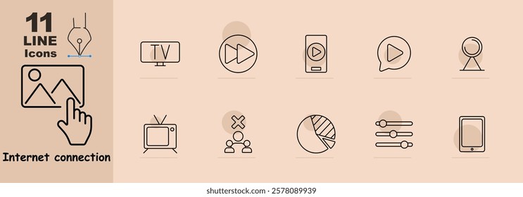 Image selection, television, fast-forward, mobile video, play message, retro TV, remove user, chart, equalizer, controls, tablet. Icons highlight media interaction and control features