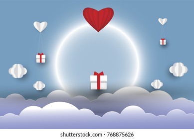 Is the image of sending love It consists of hearts. Gift box in bright atmosphere Clouds and mountains Which is exported in the appearance of paper art.