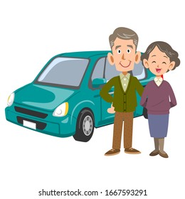 The image of a Senior couple with a car
