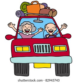 An image of a senior couple in a car with luggage and boxes.