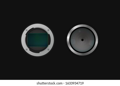 Image sensor and photo lens. Vector illustration. Camera equipment.