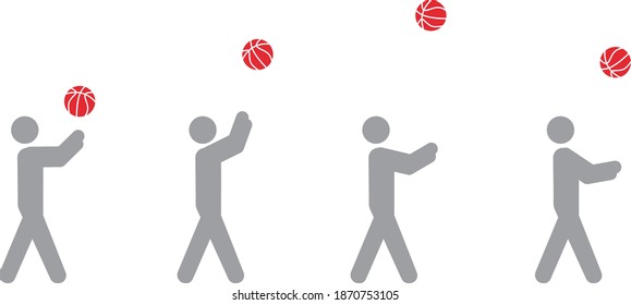 Image sequence of a man projecting a ball in pictographic vector illustration. Representation of a accelaration science experiment.