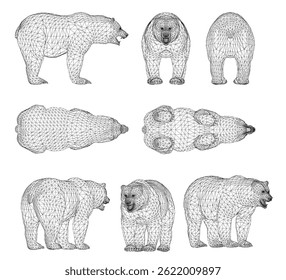 The image is a series of black and white drawings of bears. The bears are all same sizes and poses, with some standing upright. Scene is somewhat somber