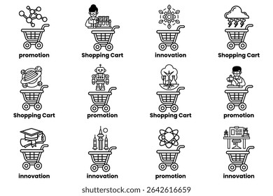 The image is a series of black and white illustrations of shopping carts. Each cart has a different concept or mood, such as a robot, a person, or a science experiment