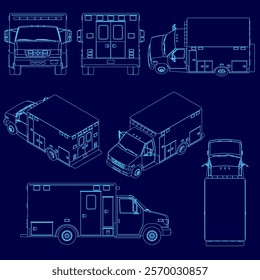 The image is a series of blue drawings of an ambulance. The drawings are in different positions, showing the vehicle from various angles. The concept of the image is to showcase the design