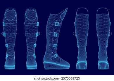 The image is a series of blue drawings of boots. The boots are shown from the ankle to the knee, with each drawing having a different style and design. Scene is one of creativity