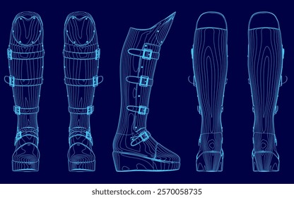 The image is a series of blue drawings of boots. The boots are shown from different angles, with the top of the boots visible in the top left corner