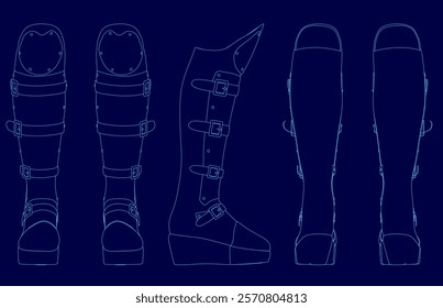 The image is a series of blue drawings of boots. The drawings are of different sizes and angles, and they all have a similar style. Scene is somewhat abstract and artistic