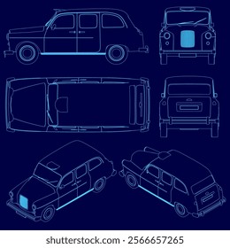 The image is a series of blue drawings of a car. The drawings are of different angles and perspectives of the car, giving a sense of depth and dimension. Scene is artistic and creative