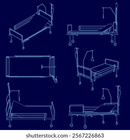 The image is a series of blue drawings of hospital beds. Each bed has a different design, but they all have a similar purpose: to provide a comfortable place for patients to rest and recover