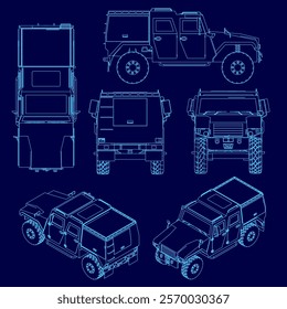 The image is a series of blue drawings of a military vehicle. The vehicle is a truck with a blue color scheme.