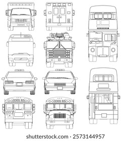 The image is a series of drawings of different types of vehicles, including buses and trucks. The drawings are all in black and white, and they show the outlines of the vehicles without any details