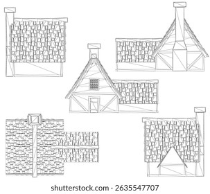 The image is a series of drawings of different types of roofs. The drawings are all in black and white and show the roofs from different angles. Scene is somewhat somber