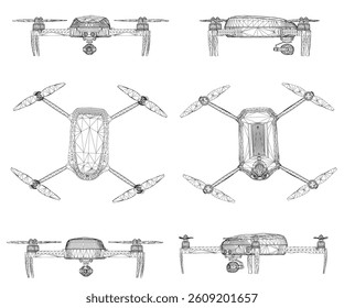 The image is a series of drawings of a drone. The drawings are all different sizes and orientations, but they all have the same basic shape and design. Scene is somewhat abstract and artistic