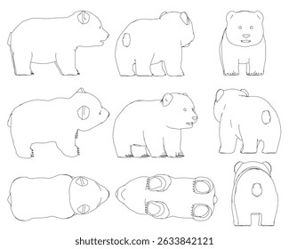 A imagem é uma série de desenhos de Panda em diferentes poses. Os Panda são todos brancos e não têm pelo. Os desenhos estão todos em preto e branco, e todos estão alinhados um ao lado do outro