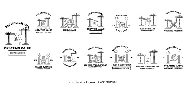 A imagem é uma série de desenhos relacionados ao conceito de criação de valor. Os desenhos incluem uma variedade de elementos, como edifícios, construção e outros temas relacionados