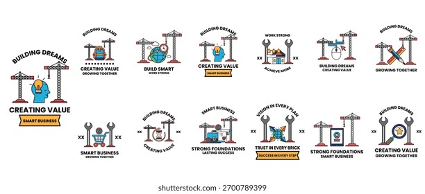 A imagem é uma série de desenhos relacionados ao conceito de criação de valor. Os desenhos incluem uma variedade de elementos, como edifícios, construção e outros temas relacionados