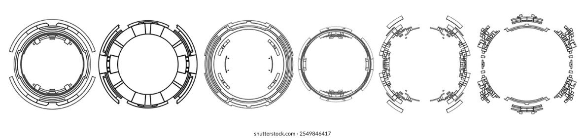 A imagem é uma série de cinco elementos de interface vetorial circular, cada um com um design exclusivo com diferentes linhas e padrões que podem representar indicadores de carga ou progresso.