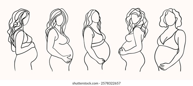 The image is a series of five pregnant women, each at different stages of pregnancy. The women are drawn in a stylized way, with their bodies outlined in black and their faces and hair drawn in white