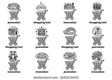 The image is a series of food-related icons, including a shopping cart, a plate of food, and a bowl of food. The icons are arranged in a grid