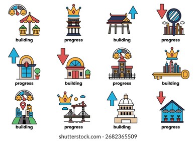 The image is a series of icons that represent different stages of building a structure. The icons include a building, a key, a coin, a ruler, a book, a house, a tree, a car, a building, a house