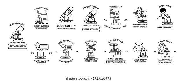 The image is a series of security icons, including a key, a lock, and a security guard. The icons are arranged in a grid, with each one labeled with a different security feature