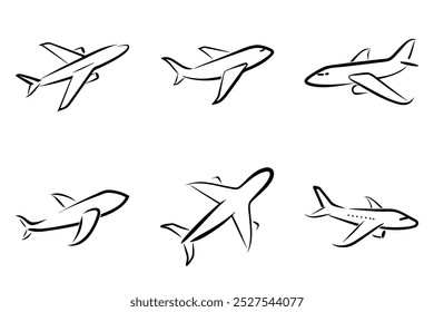 The image is a series of six airplanes, all of which are drawn in black and white. The planes are all different sizes and shapes, but they all have the same basic design. Scene is one of simplicity