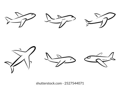 The image is a series of six airplanes in different positions. The airplanes are all drawn in black and white, and they are all flying in different directions. Scene is one of freedom and adventure