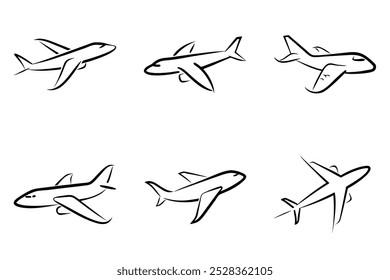 The image is a series of six airplanes in different positions. The planes are all drawn in black and white, and they are all in the air. The planes are arranged in a row